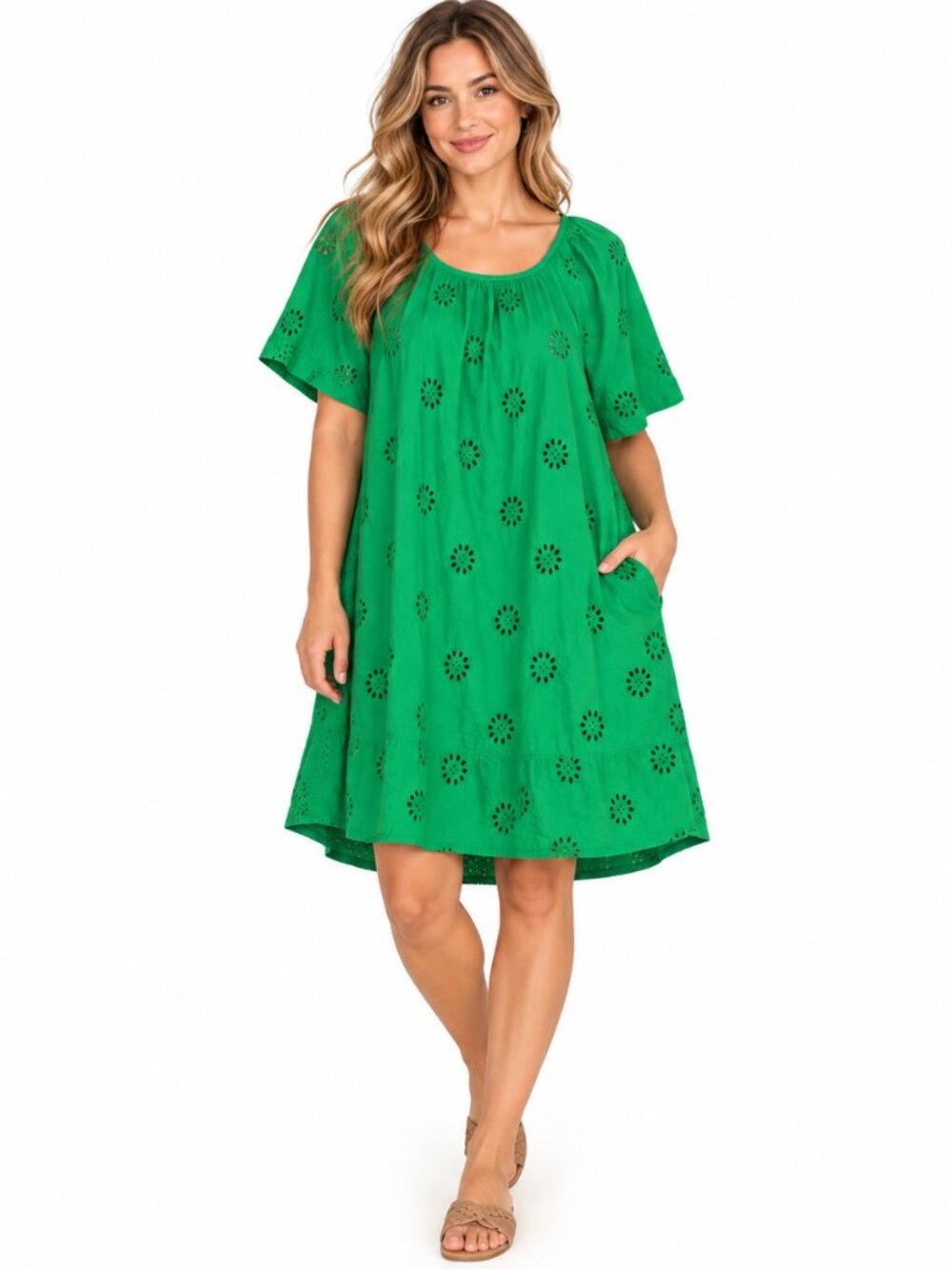 Free Assembly Women's XL Green Eyelet Embroidered Tunic Top Peasant Boho Short